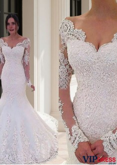 Long Sleeve Tulle Mermaid Wedding Dress