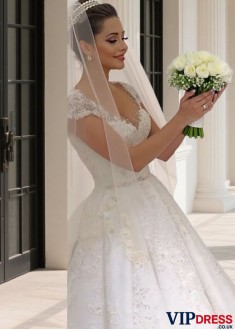Beaded V-Neck Tulle Ball Gown Wedding Dress with Floor-Length Train