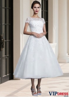 Scoop Neck Short Sleeve Beading Tea-Length Bridal Dress