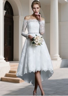 Lace Off Shoulder A-Line Bridal Dress with Asymmetrical Hem