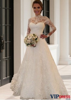 Long Sleeve High Neck Ball Gown Wedding Dress