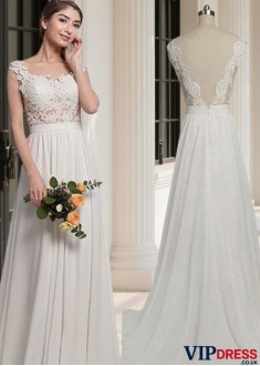Elegant Chiffon Beach Wedding Dress with Scoop Neck and A-Line Silhouette