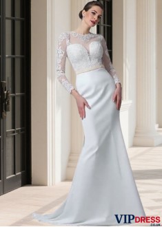 Jewel Neckline Satin Mermaid Wedding Dress with Lace Long Sleeves 