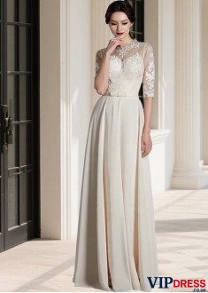 Chiffon Jewel Neck A-Line Beach Wedding Dress with Half Sleeves