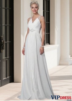Elegant Ruched Chiffon V-Neck A-Line Wedding Dress with Sweep Train