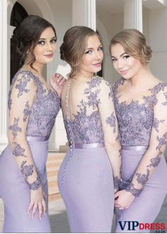 Floor-Length Mermaid Bridesmaid Dress in Jersey & Tulle with Long Sleeves