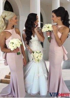 Elegant Halter Neck Satin Mermaid Bridesmaid Dress with Applique Detailing