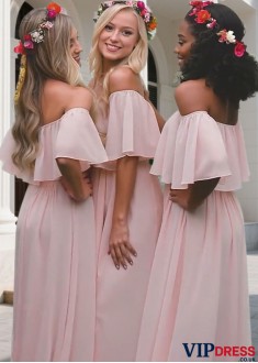 Off The Shoulder Pink Chiffon Bridesmaid Dresses for Wedding