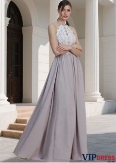 Elegant Halter Neck Lace Chiffon Bridesmaid Dress – Sleeveless A-Line Floor Length Gown