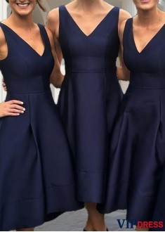 Sleeveless V-Neck Satin Tea-Length A-Line Bridesmaid Dress
