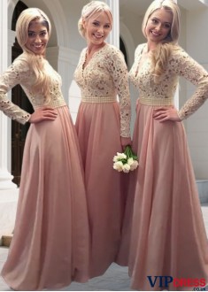 Elegant V-Neck Lace Chiffon Long Sleeve Bridesmaid Dress for Wedding Party