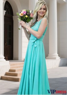 Scoop Neck Chiffon Bridesmaid Dresses with Lace Appliques and Sash