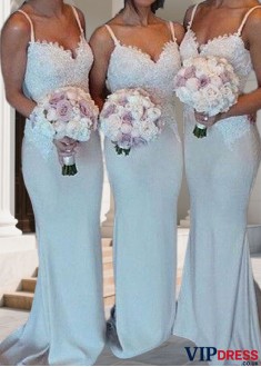 Elegant Satin Sweetheart Neck Lace Bridesmaid Dress with Sweep Train