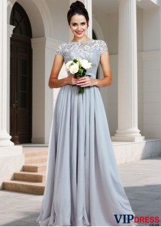Chiffon Jewel Neck Lace Short Sleeve A-Line Bridesmaid Dresses UK