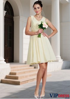 V Neck Sleeveless Chiffon Short Bridesmaid Dress with Belt and Ruches