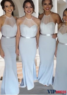 Elegant Blue Chiffon Halter Neck Bridesmaid Dress with Belt – Floor Length Gown