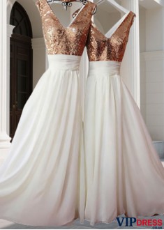 Sequin V-Neck Chiffon Bridesmaid Dress | Sleeveless Floor Length Gown
