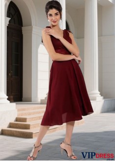 Knee Length V Neck Chiffon Bridesmaid Dress for Wedding Party