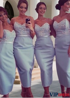Elegant Satin Spaghetti Strap Bridesmaid Dress – Sheath Knee Length Wedding Party Dress