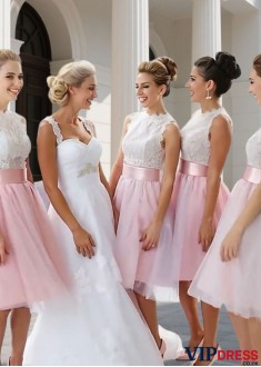 Lace Tulle Knee-Length Bridesmaid Dress – Jewel Neck Wedding Party Gown