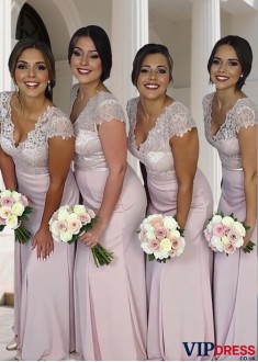 Short Sleeve V Neck Chiffon Floor Length A-Line Bridesmaid Dresses