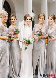Elegant Satin Scoop Neck Half Sleeve A-Line Bridesmaid Dress for Weddings