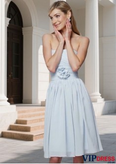 Strapless Bridesmaid Dress with Hand-Made Flower Knee Length Gowns