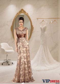 V-Neck Satin Sleeveless A-Line Mother of the Bride Dress with Ruffles