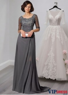 Chiffon Mother of the Bride Gowns – Floor Length A-Line Gown with Half Sleeves