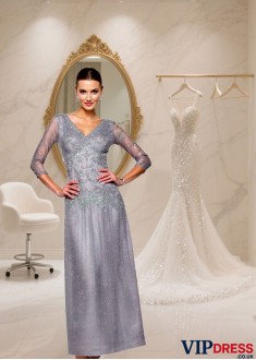 Elastic Satin V-Neck Ankle Length Dress With Sleeves — Evening Gown