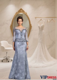 Lace Beaded Trumpet Mermaid Mother of the Bride Dress with Bateau Neck and 3/4 Sleeves