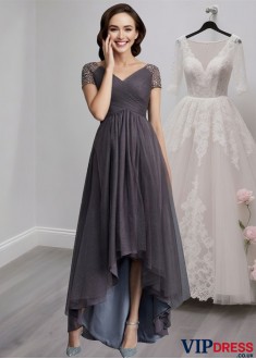 Elegant V-Neck Tulle A-Line Mother of the Bride Dress with Asymmetrical Hem