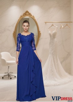 Floor-Length Scoop Neck Chiffon Mother of the Bride Dress with Lace and 3/4 Sleeves