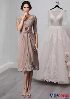 Lace V-Neck Tea-Length A-Line Formal Dress for Special Occasions
