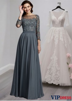 Bateau Neck Chiffon A-Line Mother of the Bride Dress with 3/4 Sleeves
