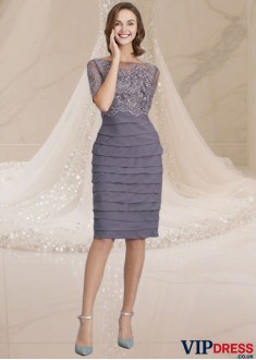 Mother of the Bride Dress with Ruffles and Half Sleeves Knee Length