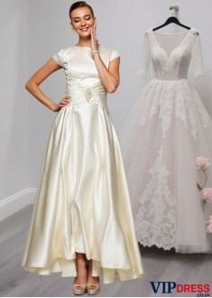 Beaded Satin Scoop Neck A-Line Mother of the Bride Dress with Short Sleeves
