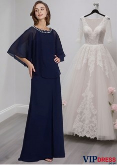 Floor Length Mother of the Bride Dress with Scoop Neck and Beading