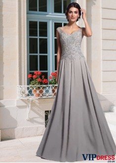 Elegant Chiffon Mother of the Bride Dress – V-Neck Beaded A-Line Sleeveless Gown, Floor-Length