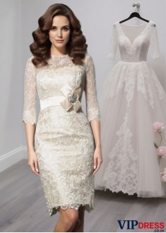 Scoop Neck Lace Short Mother of the Bride Dress with 3/4 Sleeves