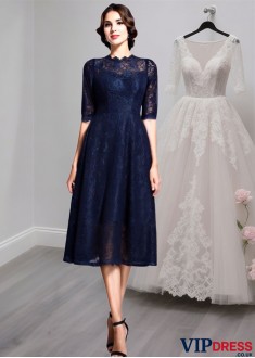Knee Length Lace Mother of the Bride Dress with Jewel Neckline and Half Sleeves