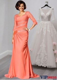Half Sleeves Mother of the Bride Dress –  Mermaid Formal Gown with Train