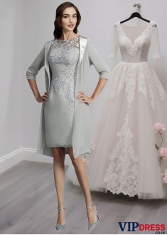 Chiffon Sheath Short Mother of the Bride Dress with Half Sleeves