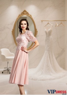 Tea-Length A-Line Chiffon Mother of the Bride Dress — Scoop Neck Sleeveless Gown