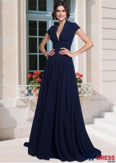 Chiffon V-Neck Applique Mother of the Bride Dress – Floor Length A-Line with Short Sleeves