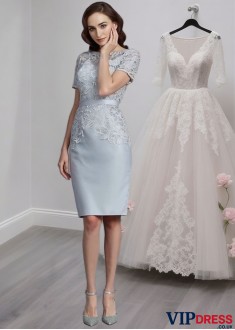 Satin Knee-Length Mother of the Bride Dress with Short Sleeves