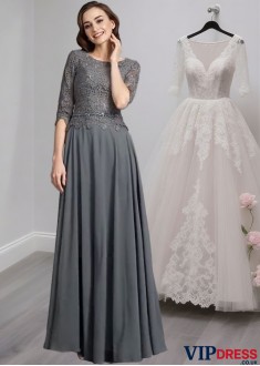 Chiffon Scoop Neck A-Line Mother of the Bride Dress with Half Sleeves