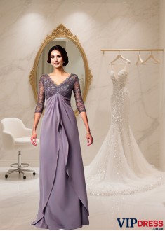 Lace V-Neck Chiffon Floor-Length Mother of the Bride Dress with 3/4 Sleeves