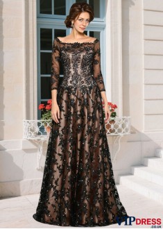 Lace Satin A-line Mother of the Bride Gown with 3/4 Sleeves