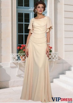 Elegant Chiffon Mother of the Bride Dress – Square Neck Beaded A-Line Gown with Short Sleeves